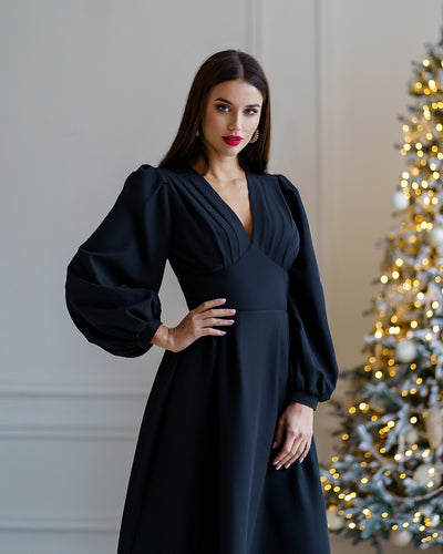 Black V-NECK PUFF-SLEEVE MIDI DRESS (ARTICLE 352)