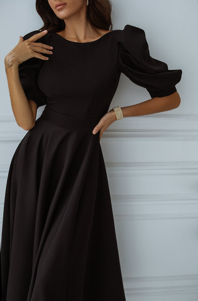 Black Backless Puff-Sleeve Midi Dress (article C383)