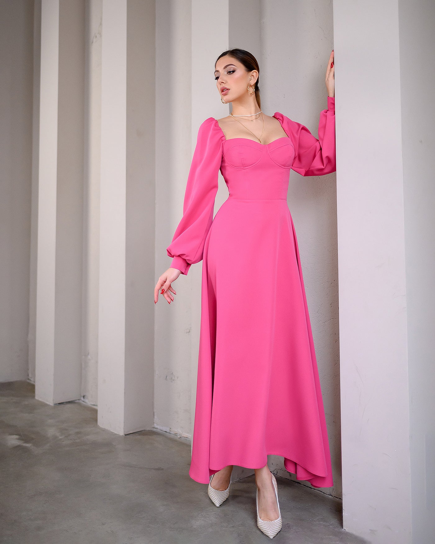 Crimson PUFF-SLEEVE MIDI DRESS (ARTICLE 401)