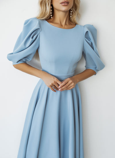 Sky-blue BACKLESS PUFF-SLEEVE MIDI DRESS (ARTICLE C383)