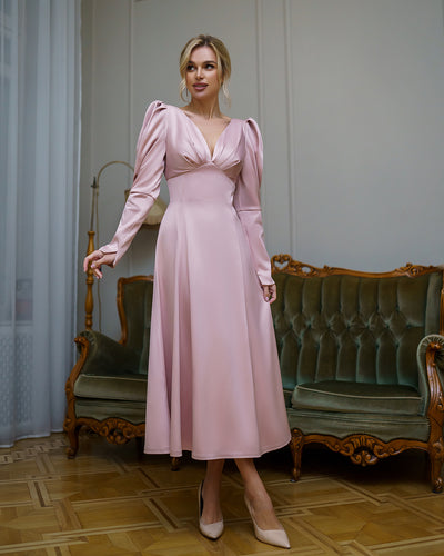 Dusty Pink Satin Bow Back Midi Dress (article 340)