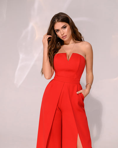 Red Strapless V-Neck Jumpsuit (article 323)