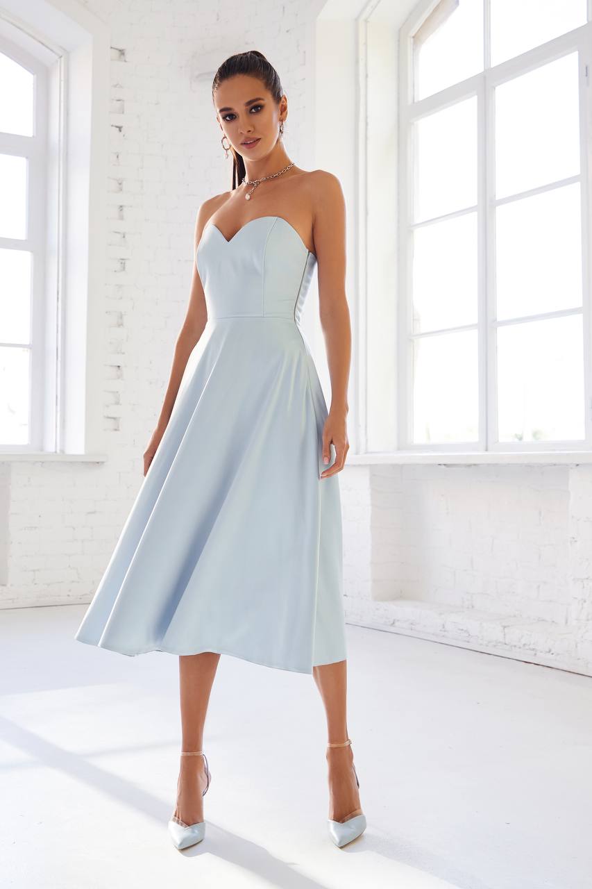 Sky-Blue Satin Corseted Strapless Dress (article 047)