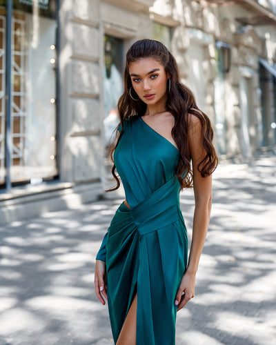 Emerald SATIN ONE-SHOULDER CUT-OUT MIDI DRESS (ARTICLE 341)