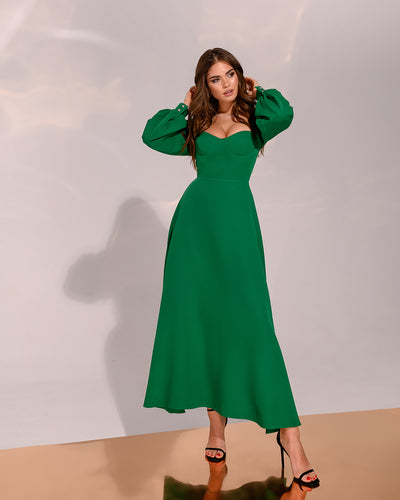 Green PUFF-SLEEVE MIDI DRESS (ARTICLE 401)