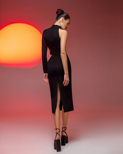 Black ONE-SHOULDER CUT-OUT MIDI DRESS (ARTICLE 367)