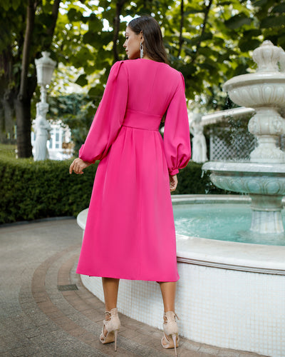 Crimson V-Neck Puff-Sleeve Midi Dress (article 352)