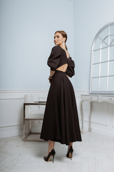 Black Backless Puff-Sleeve Midi Dress (article C383)