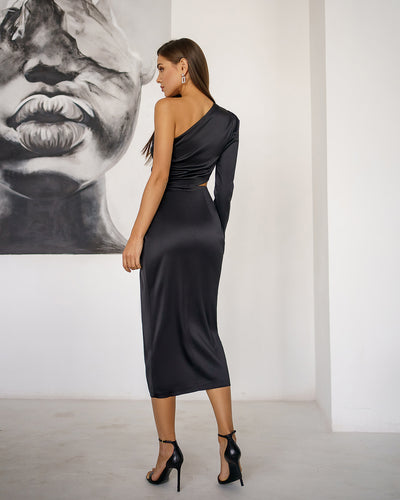 Black SATIN ONE-SHOULDER CUT-OUT MIDI DRESS (ARTICLE 341)