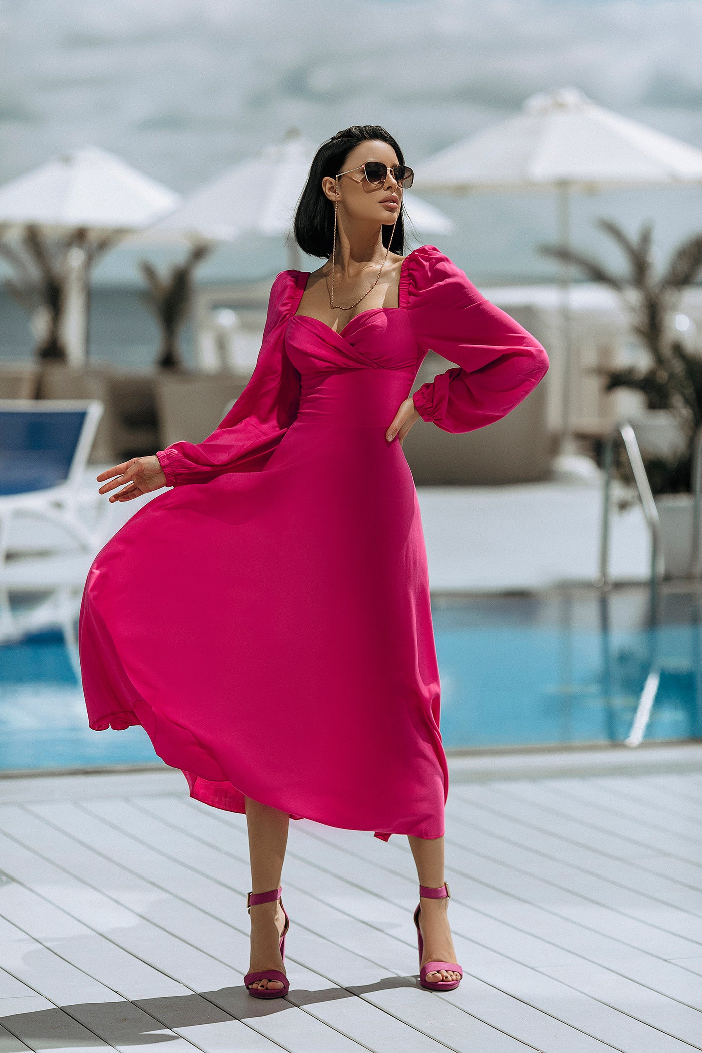 Crimson Puff Sleeve Midi Dress (article C329)