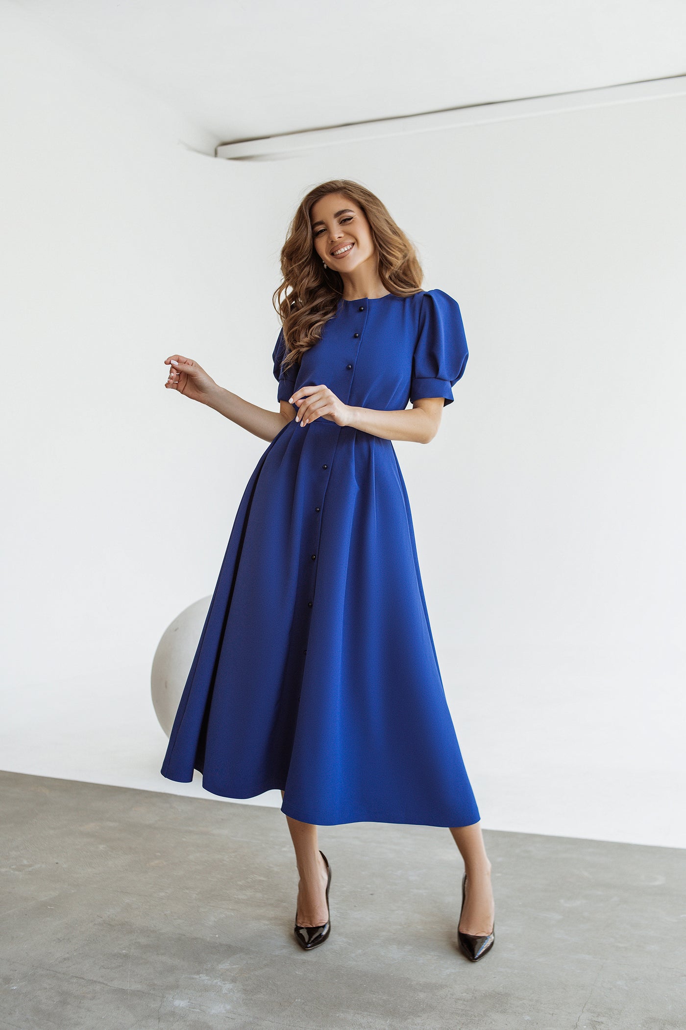 Blue FITTED PUFF-SLEEVE MIDI DRESS (ARTICLE C390)