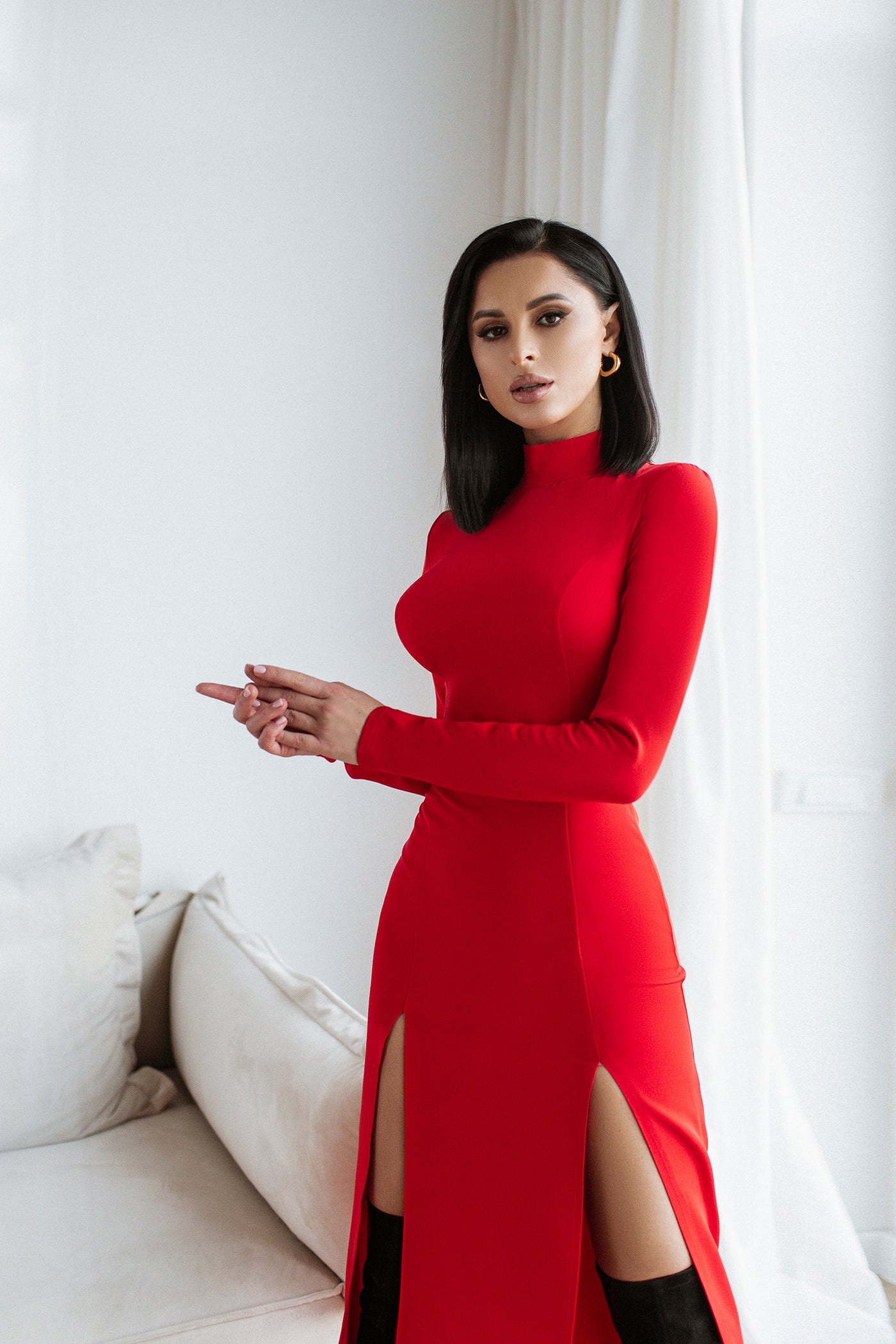 Red HIGH NECK SIDE-SLIT MIDI DRESS (ARTICLE C359)