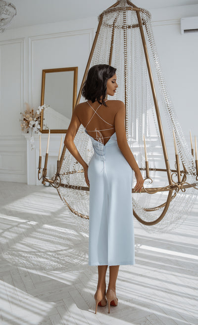 Sky blue SATIN TIE-DETAILED SLIP MIDI DRESS  (ARTICLE C378)