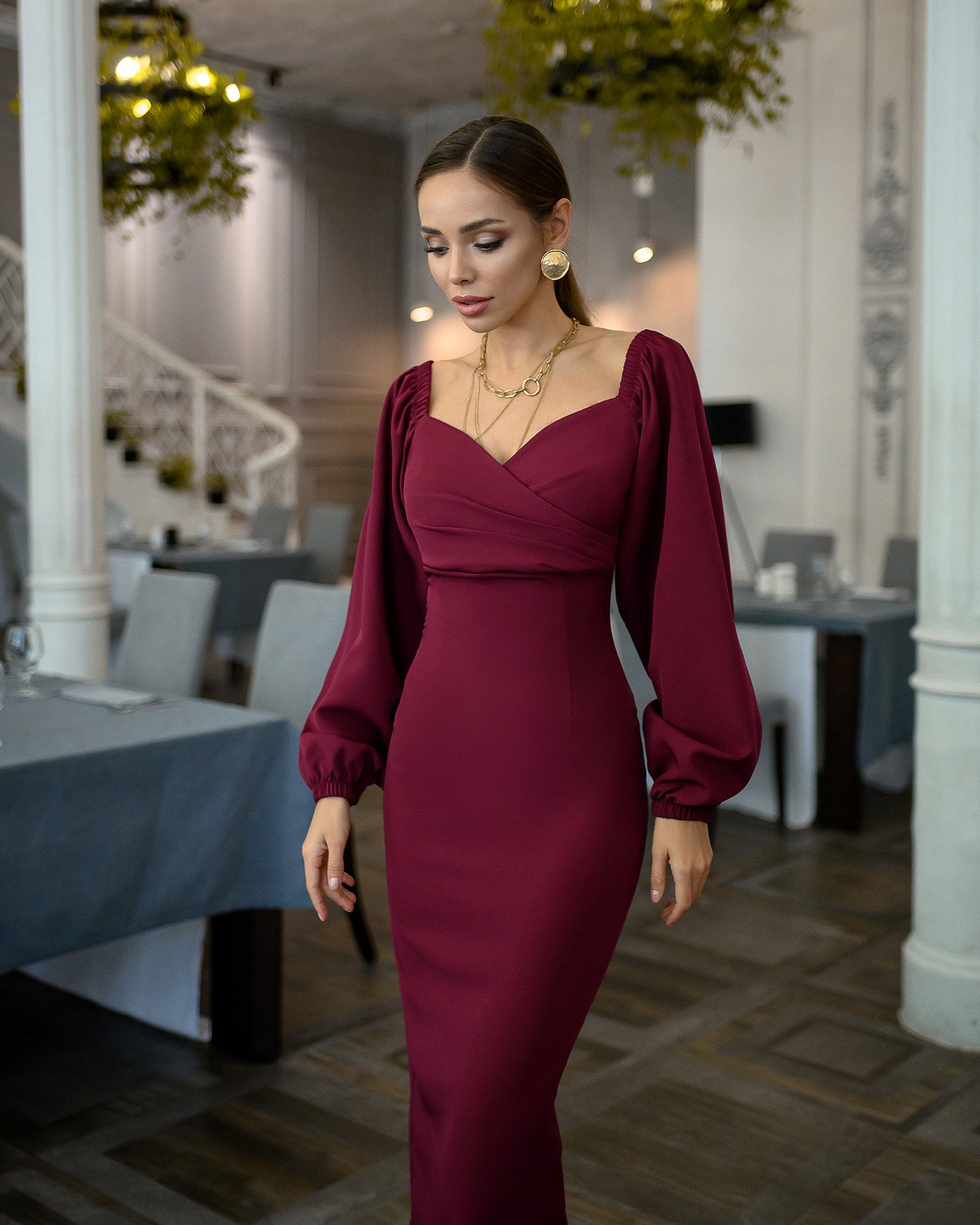 Bordeaux Puff-Sleeve Midi Dress (article 256)