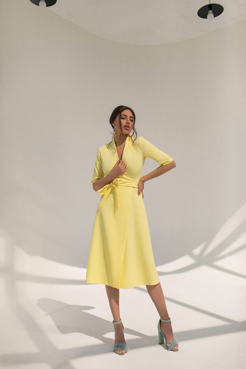 Yellow Wrap Short Sleeve Midi Dress (article 105)