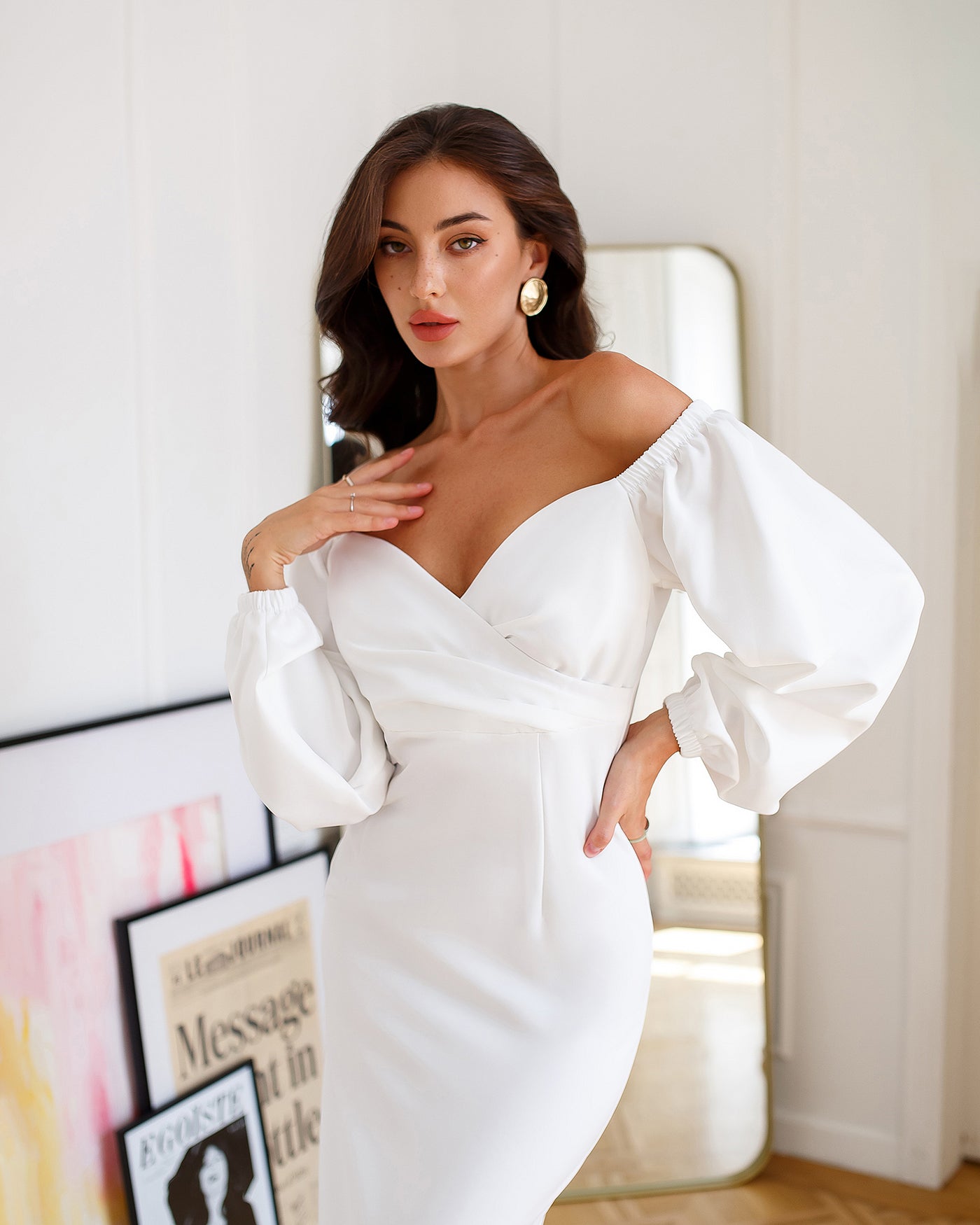 White Puff-Sleeve Midi Dress (article 256)