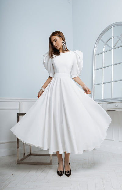 White BACKLESS PUFF-SLEEVE MIDI DRESS (ARTICLE C383)