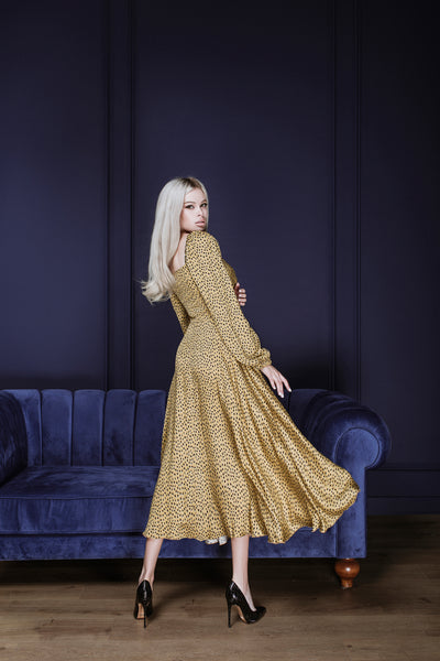 Gold PUFF SLEEVE MIDI DRESS (ARTICLE C329)