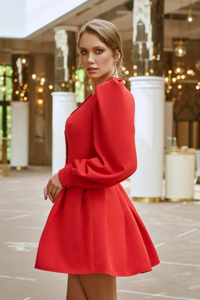 Red PUFF-SLEEVE V-NECK MINI DRESS (ARTICLE 313)