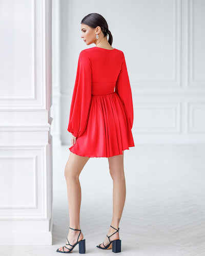 Red SILK PUFF SLEEVE MINI DRESS (ARTICLE 351)