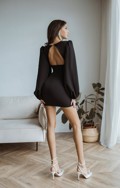 Black BACKLESS PUFF SLEEVE MINI DRESS (ARTICLE C350)