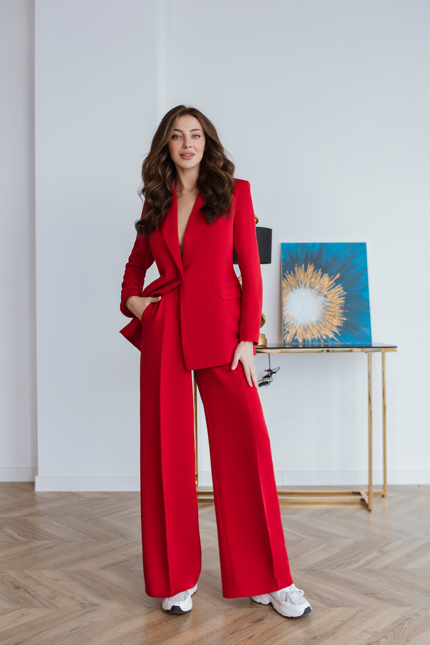 Red single-breasted wide-leg suit 2-piece (article C347)