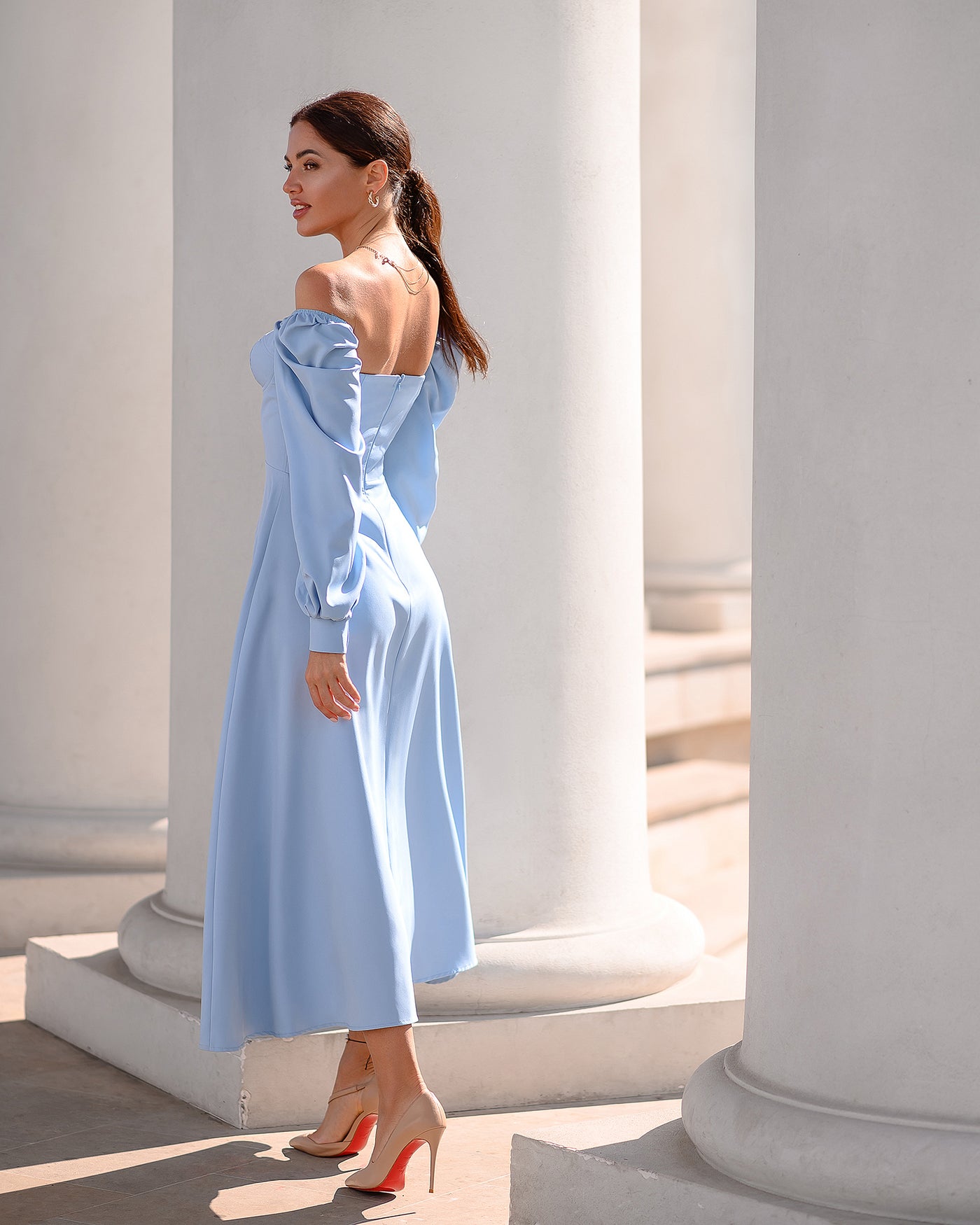 Sky blue Puff-Sleeve Midi Dress (Article 401)