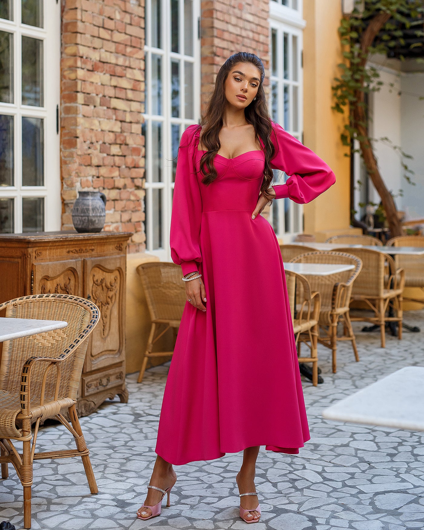 Crimson PUFF-SLEEVE MIDI DRESS (ARTICLE 401)