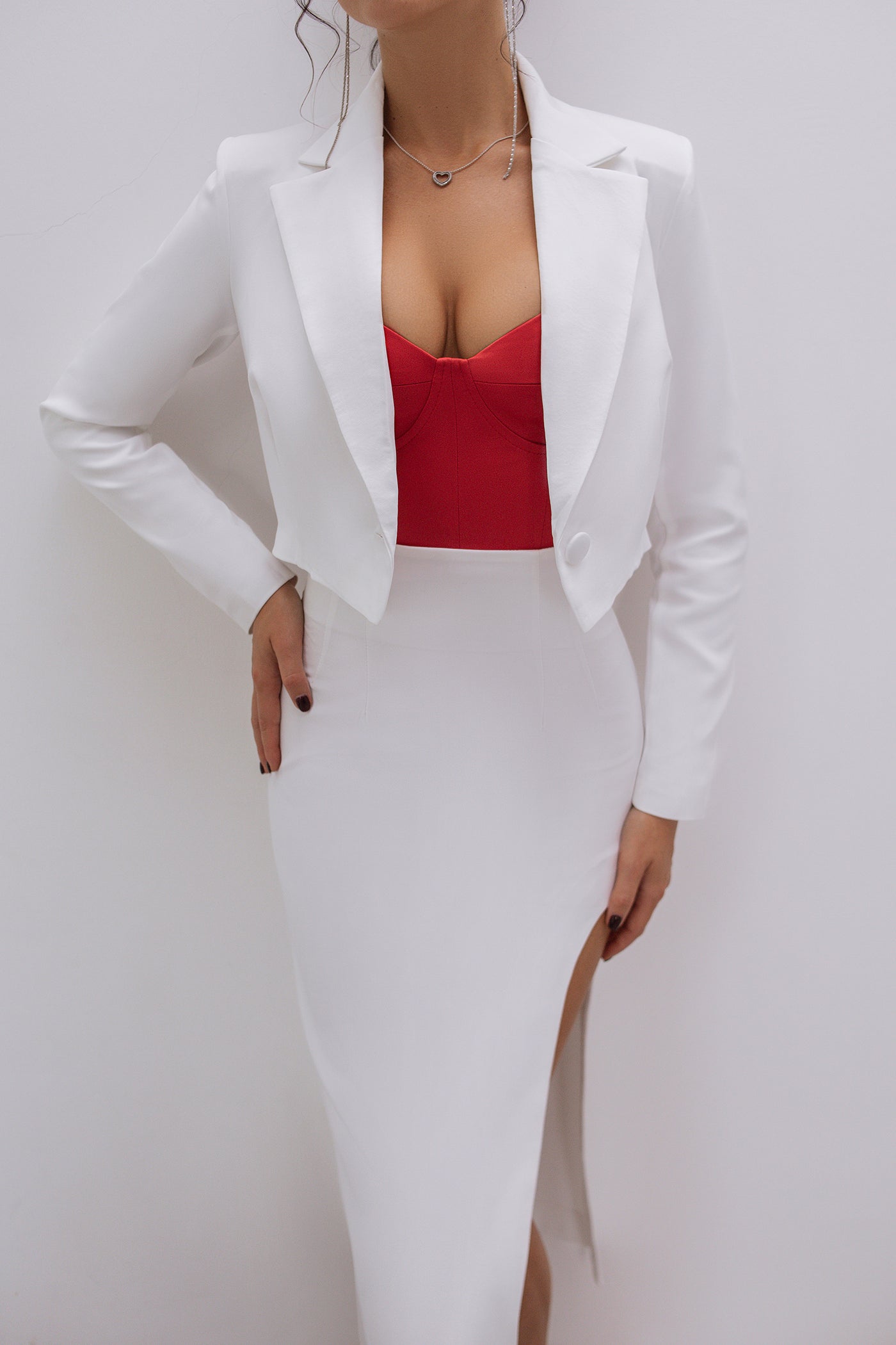 White CROP JACKET SKIRT SUIT 2-PIECE SUIT (ARTICLE C385)