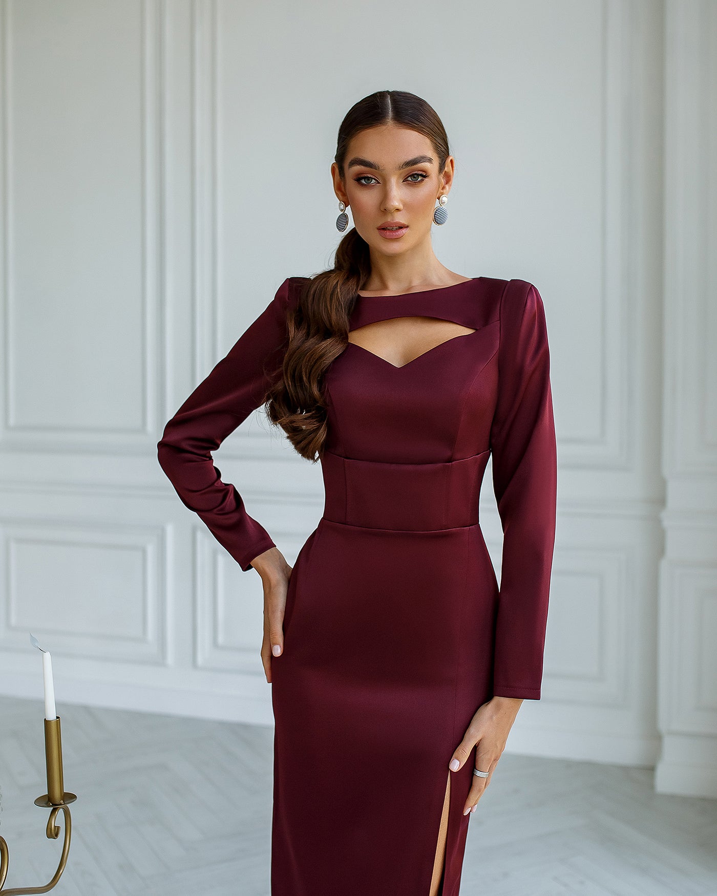 Bordeaux SATIN LONG SLEEVE MIDI DRESS (ARTICLE 342)