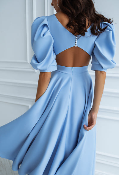 Sky-blue BACKLESS PUFF-SLEEVE MIDI DRESS (ARTICLE C383)