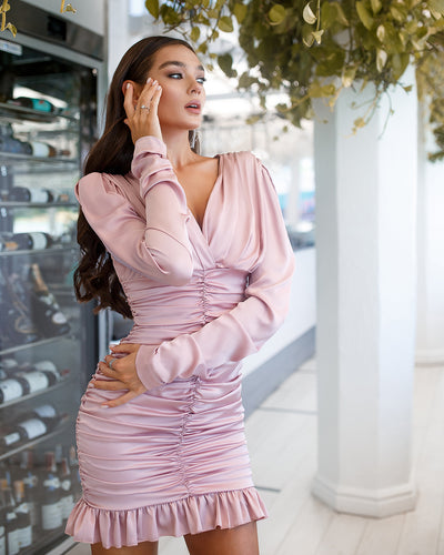 Dusty pink SILK LONG SLEEVE RUCHED MINI DRESS (ARTICLE 322)