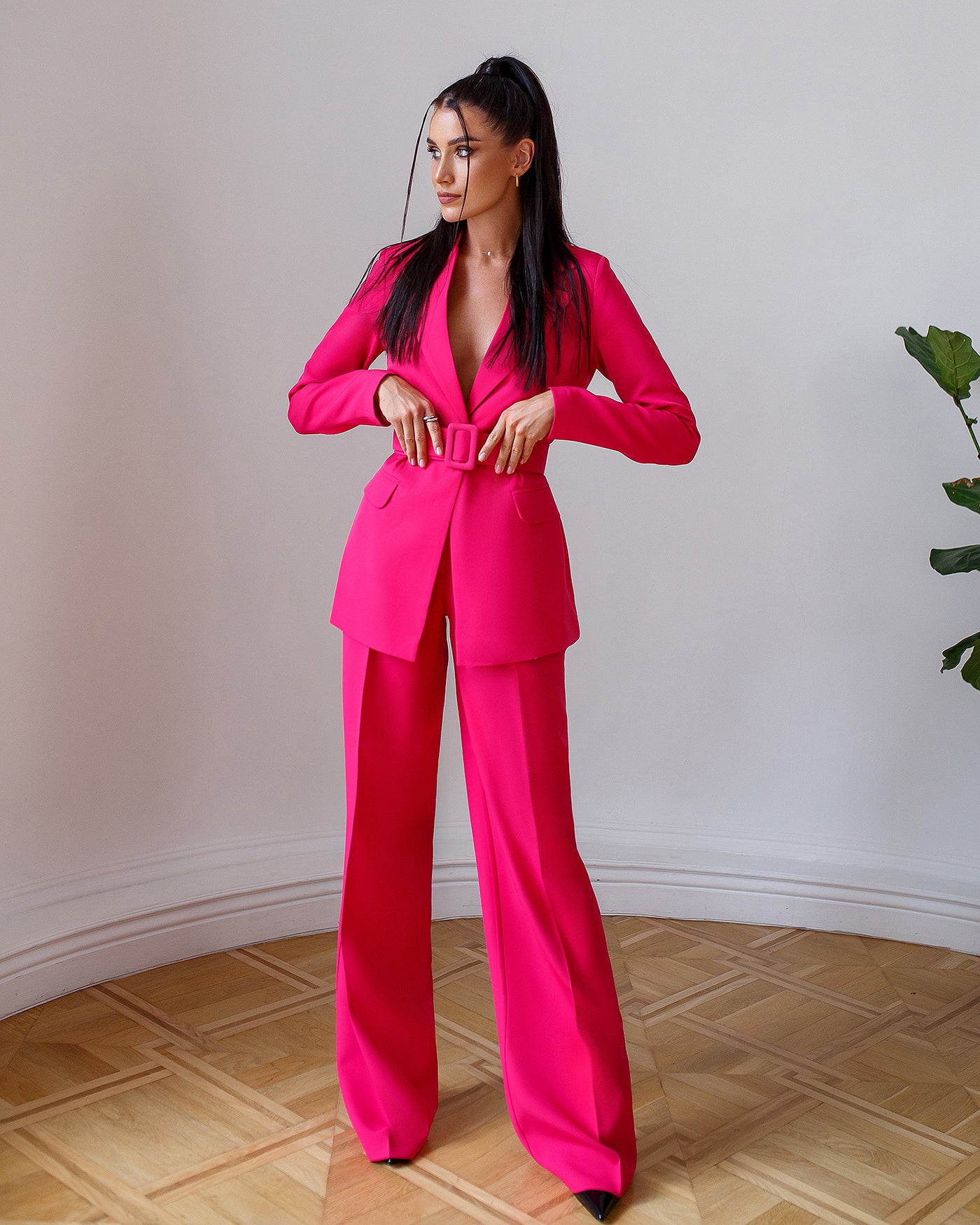 Crimson Belted Wide-Leg Suit 2-Piece (article 030)