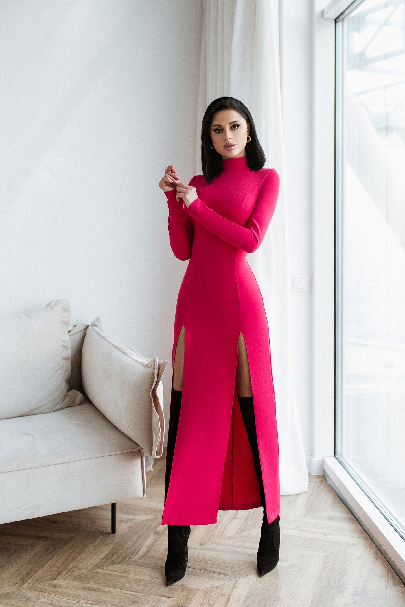 Crimson High Neck Side-Slit Midi Dress (article C359)