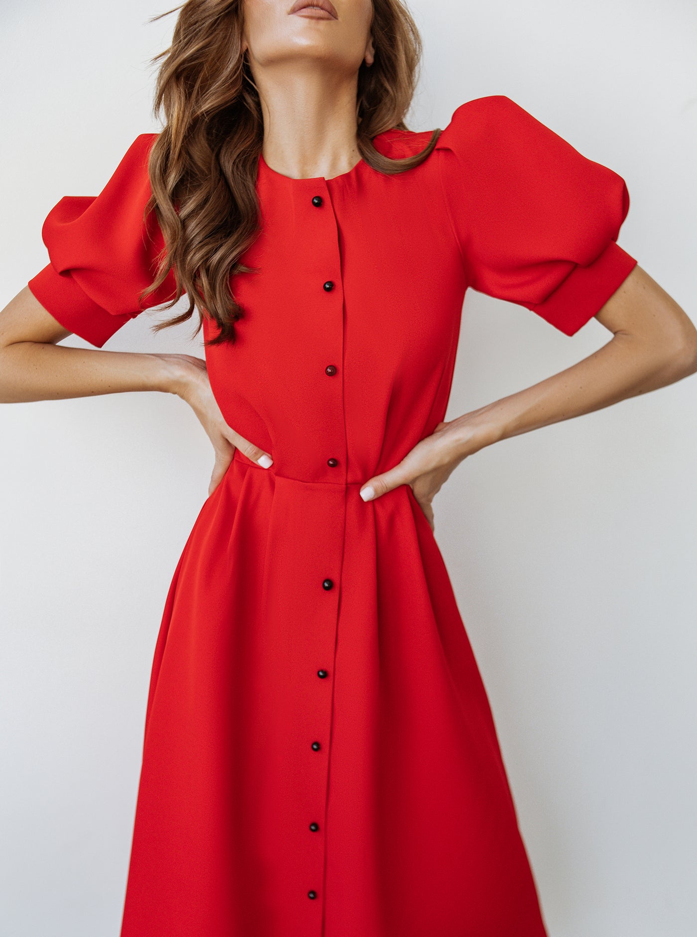 Red FITTED PUFF-SLEEVE MIDI DRESS (ARTICLE C390)