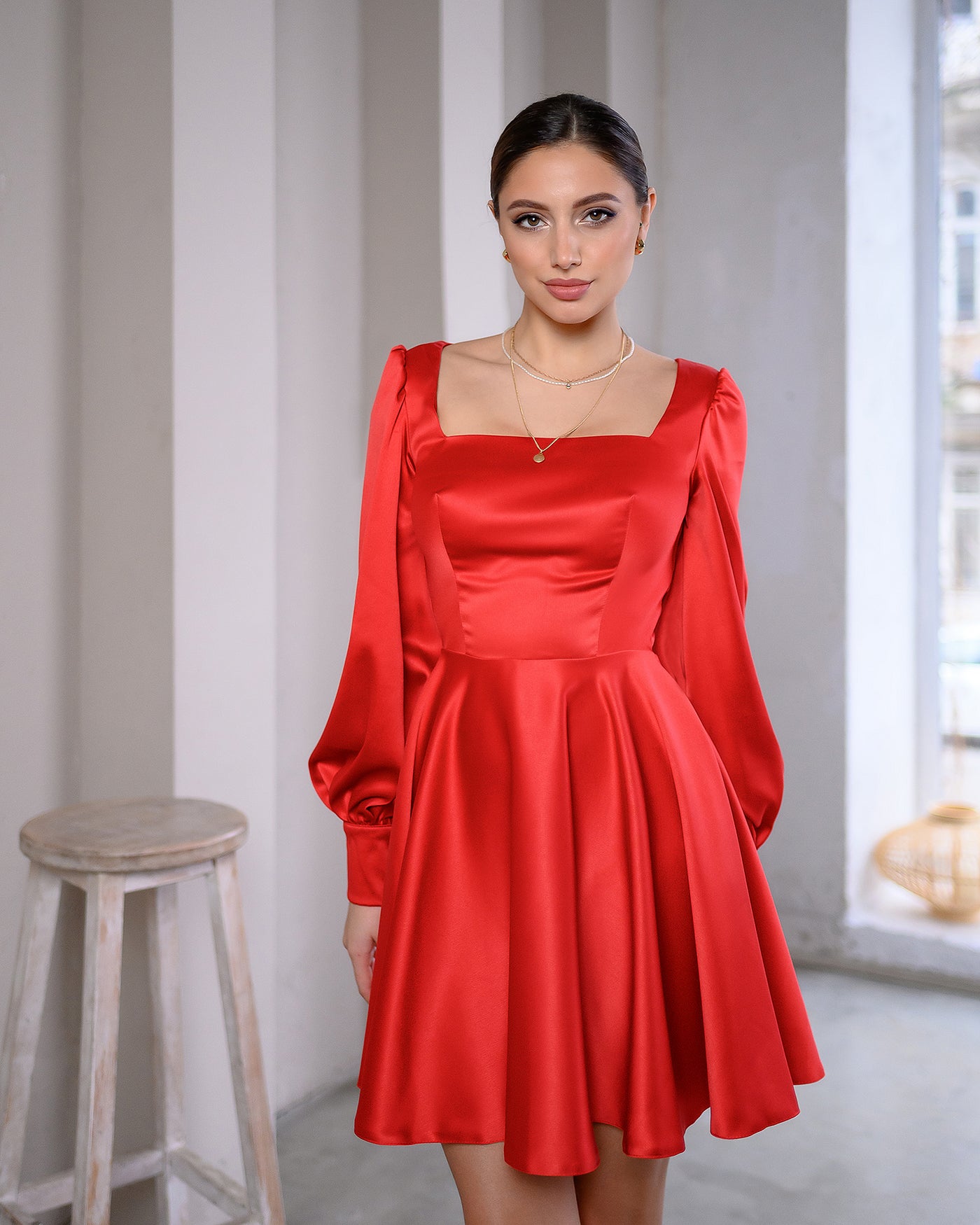 Red SATIN LONG SLEEVE MINI DRESS (ARTICLE 310)