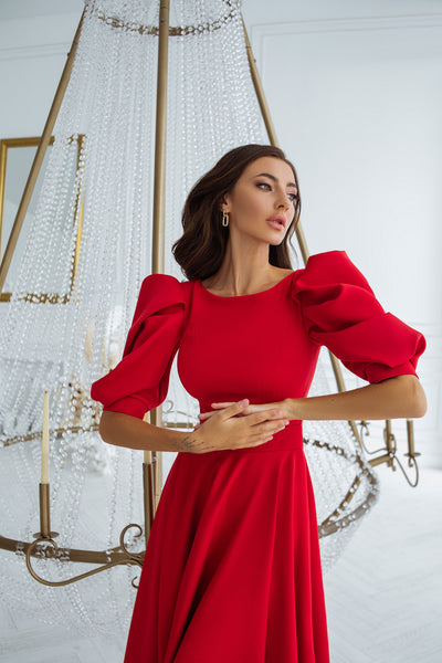 Red BACKLESS PUFF-SLEEVE MIDI DRESS (ARTICLE C383)