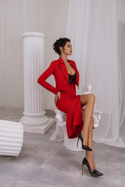 Red Crop Jacket Skirt Suit 2-Piece Suit (article C385)