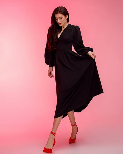 Black V-NECK PUFF-SLEEVE MIDI DRESS (ARTICLE 352)