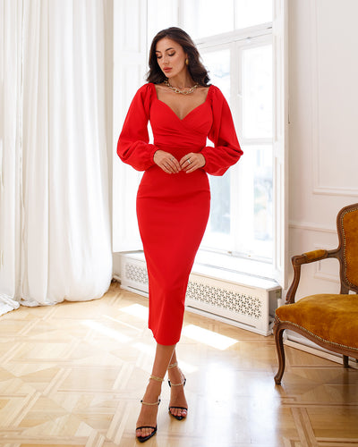 Red Puff-Sleeve Midi Dress (article 256)