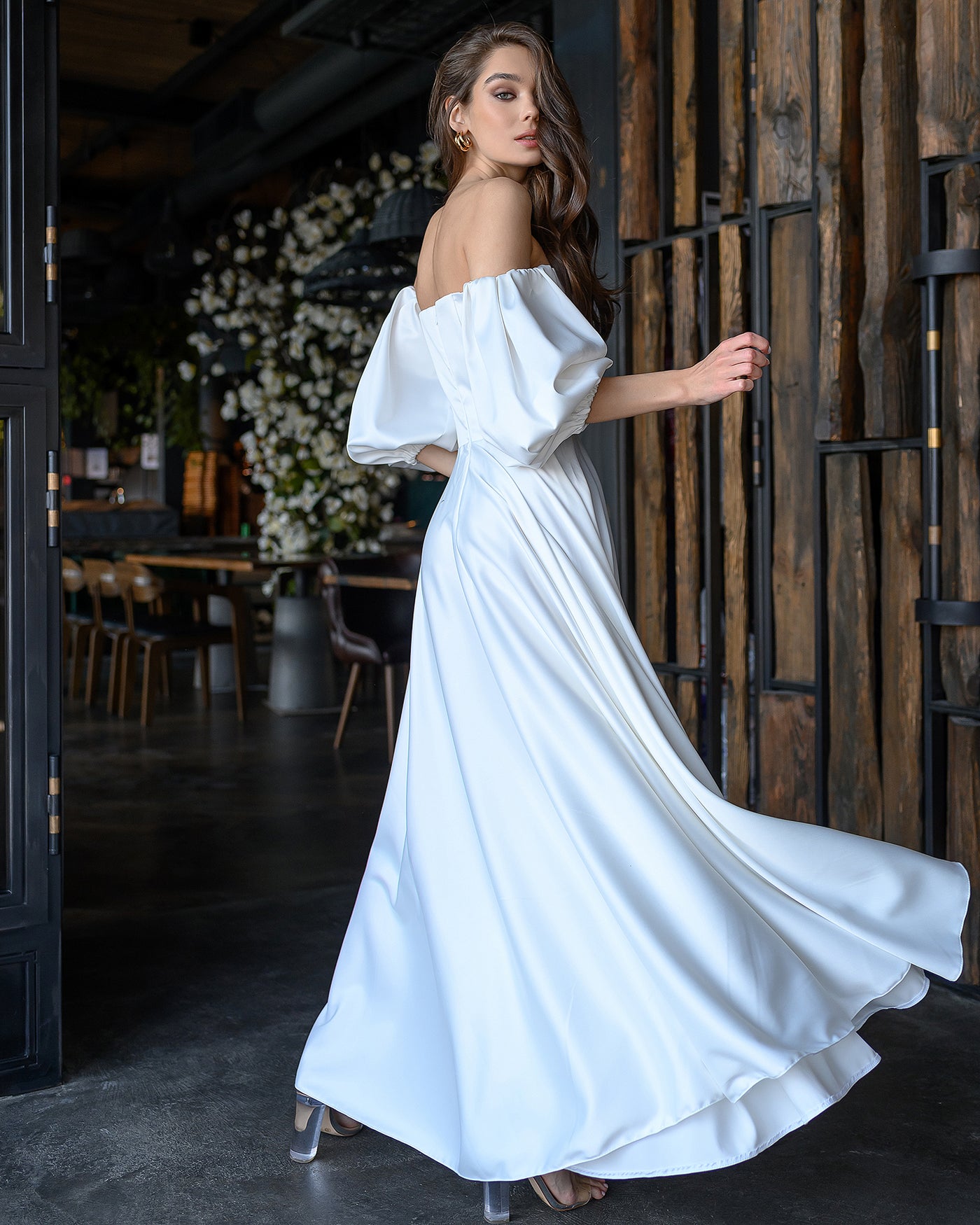 White Satin Puff-Sleeve Bridal Maxi Dress (article 288)