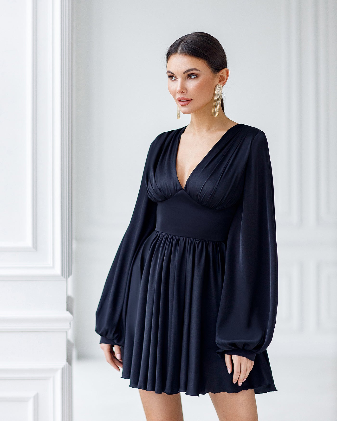 Black SILK PUFF SLEEVE MINI DRESS (ARTICLE 351)