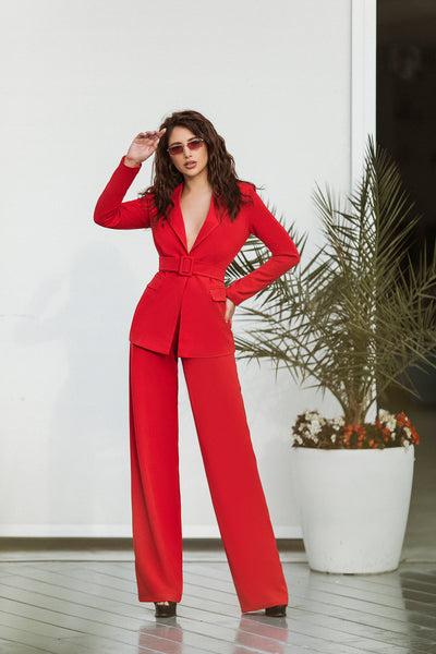 Red Belted Wide-Leg Suit 2-Piece (article 030)