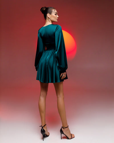 Emerald Silk Puff Sleeve Mini Dress (article 351)