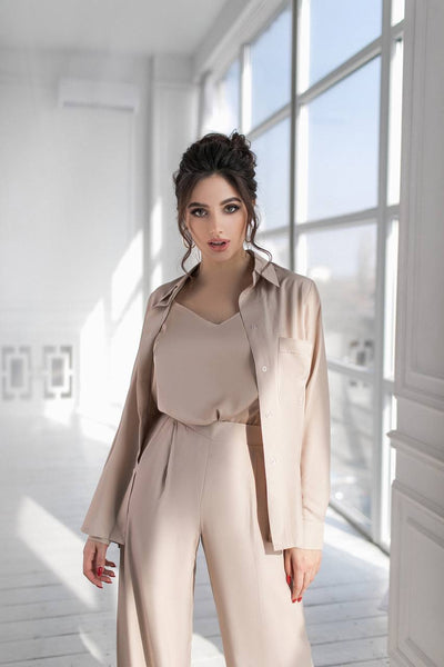 Beige Shirt & High Waist Pants  2-Piece Set (article 284)