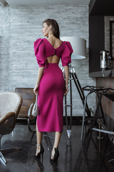 Crimson BACKLESS PUFF-SLEEVE MIDI DRESS (ARTICLE C395)