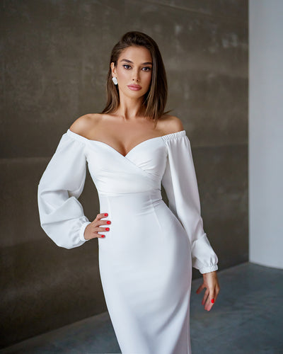 White Puff-Sleeve Midi Dress (article 256)