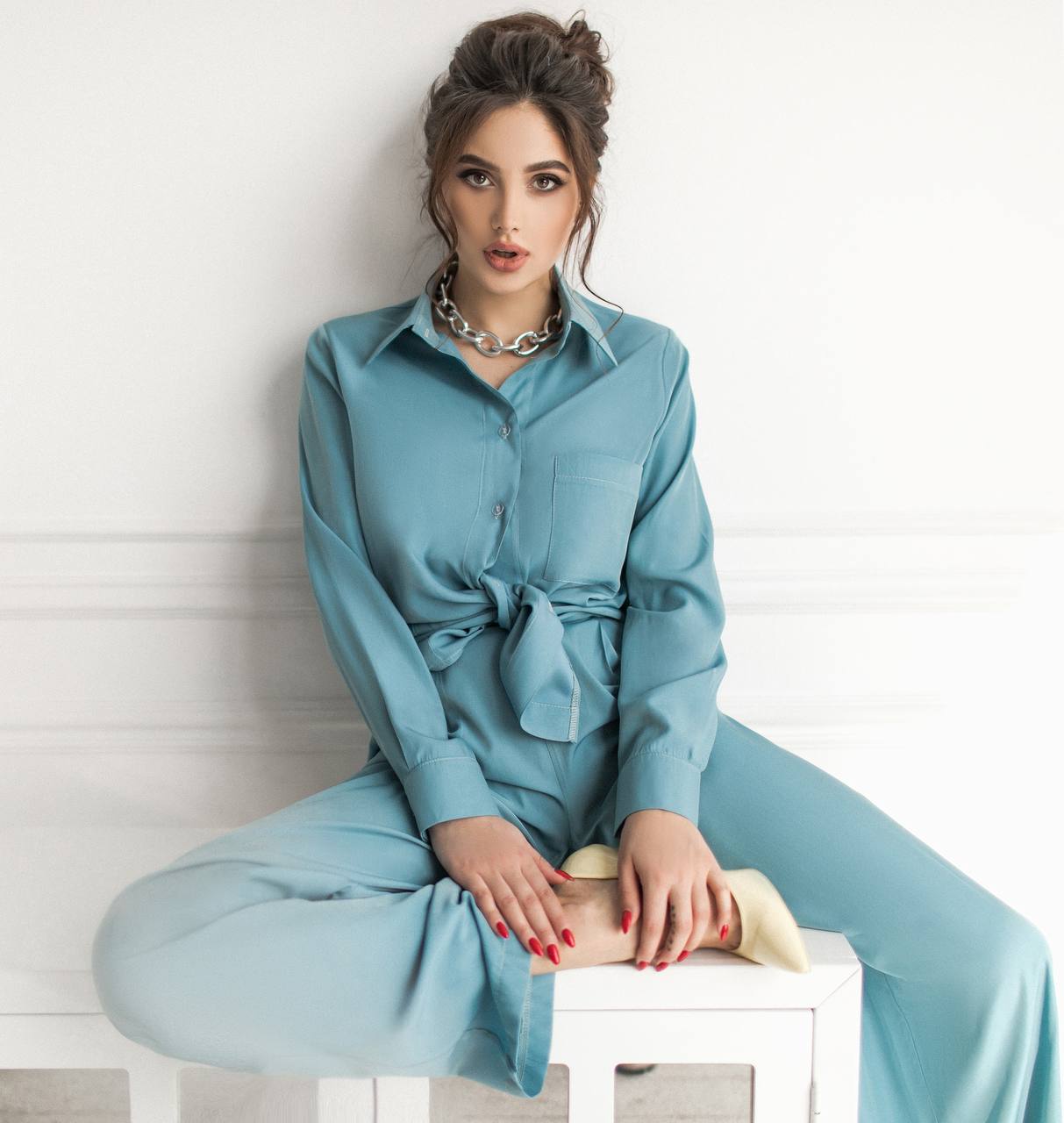 Blue Shirt & High Waist Pants 2-Piece Set (article 284)