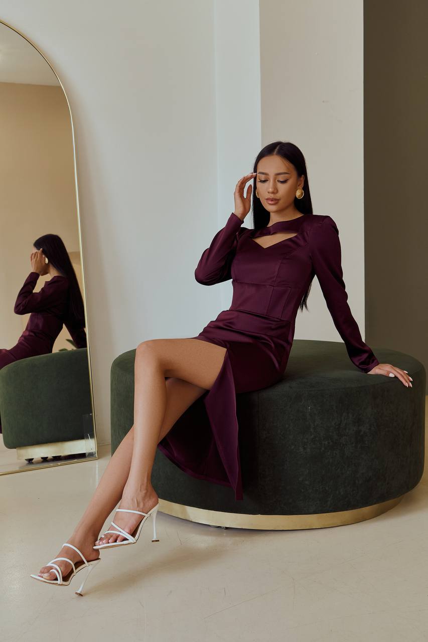 Bordeaux SATIN LONG SLEEVE MIDI DRESS (ARTICLE 342)