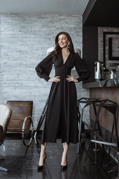 Black V-NECK BUTTONED PUFF-SLEEVE MIDI DRESS (ARTICLE C392)